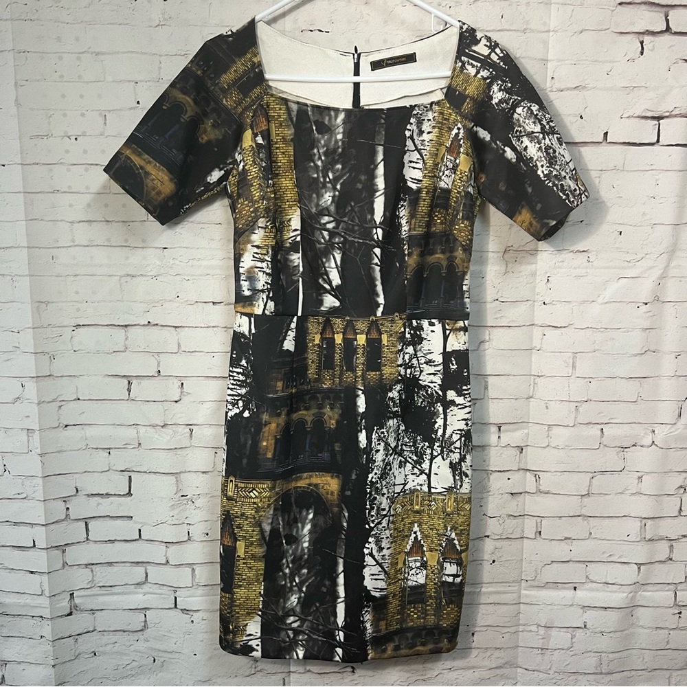 Yaly Couture Shift Dress Sz 8 Custom Architectural Botanical Print Art to Wear